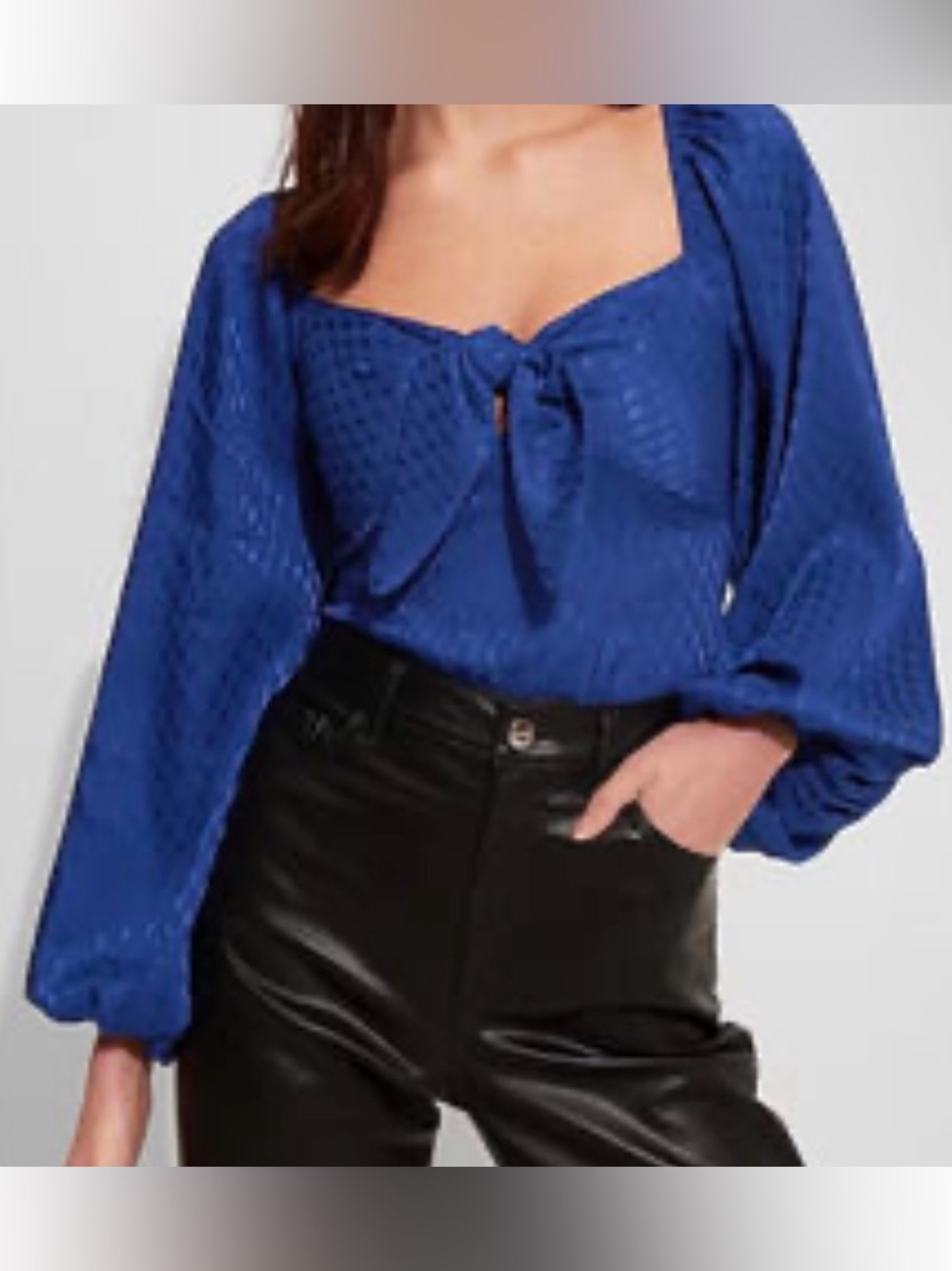 nwt EXPRESS satin jacquard tie front blouse shirt bodysuit in Blue